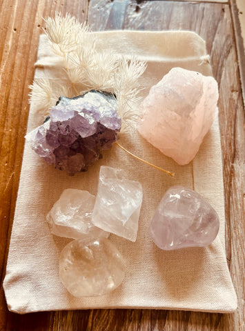Amethyst Cluster & polished crystal set feat rose & clear quartz