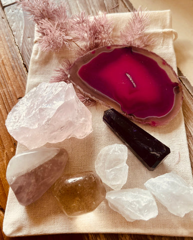 Agate Slice & Amethyst mini Tower crystal gift set feat Rose, Smokey & Clear Quartz