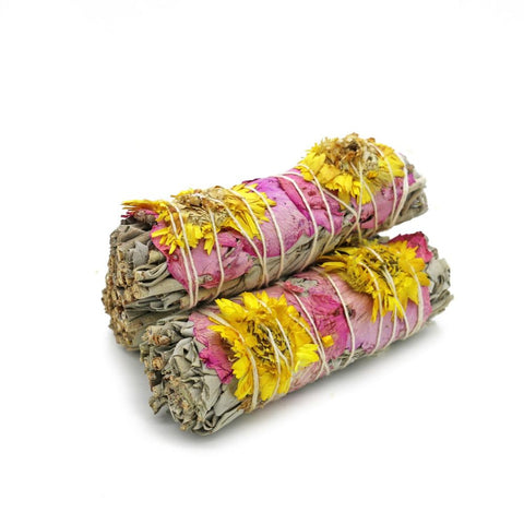 Small Sage Smudge Stick with Pink Rose & Yellow Florals