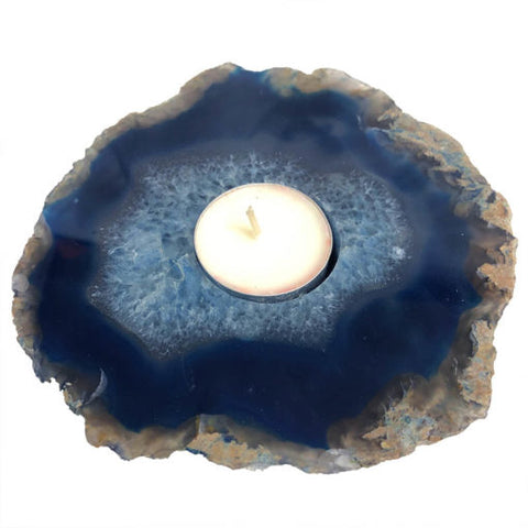 Polished Blue Agate Crystal Tea Light Candle Holder + 3 tea light candles