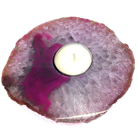Polished Pink Agate Crystal Tea Light Candle Holder + 3 tea light candles