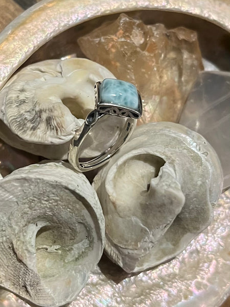 Diamond style Carribean Larimar Sterling Silver Ring 925 - Calming Oasis Vibes, Peace & Clarity