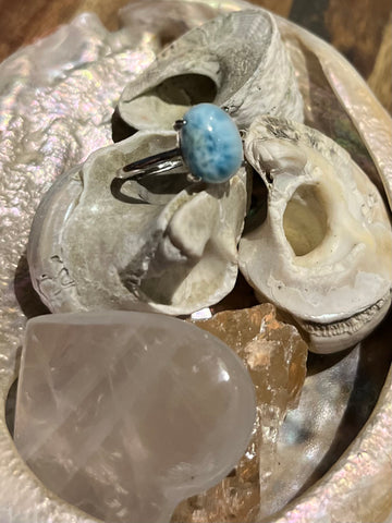 Free Spirit Gypsy Oval Carribean Larimar Sterling Silver Ring 925 - Calming Oasis Vibes, Peace & Clarity
