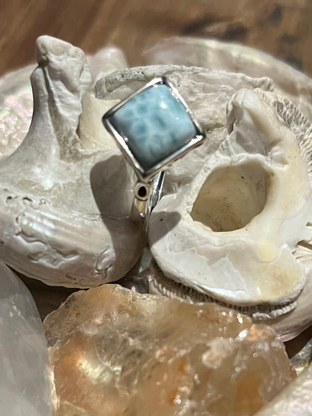 Diamond style Carribean Larimar Sterling Silver Ring 925 - Calming Oasis Vibes, Peace & Clarity