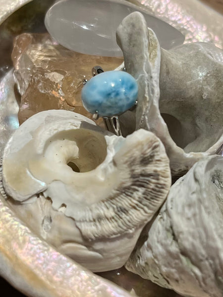 Free Spirit Gypsy Oval Carribean Larimar Sterling Silver Ring 925 - Calming Oasis Vibes, Peace & Clarity